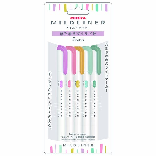 #ゼブラ(国内販売のみ） 水性マーカー マイルドライナー落ち着きマイルド5色セット  マイルドスモークレッド、マイルドモスグリーン、マイルドミモザイエロー、マイルドアイリス、マイルドミント WKT7-5C-OT